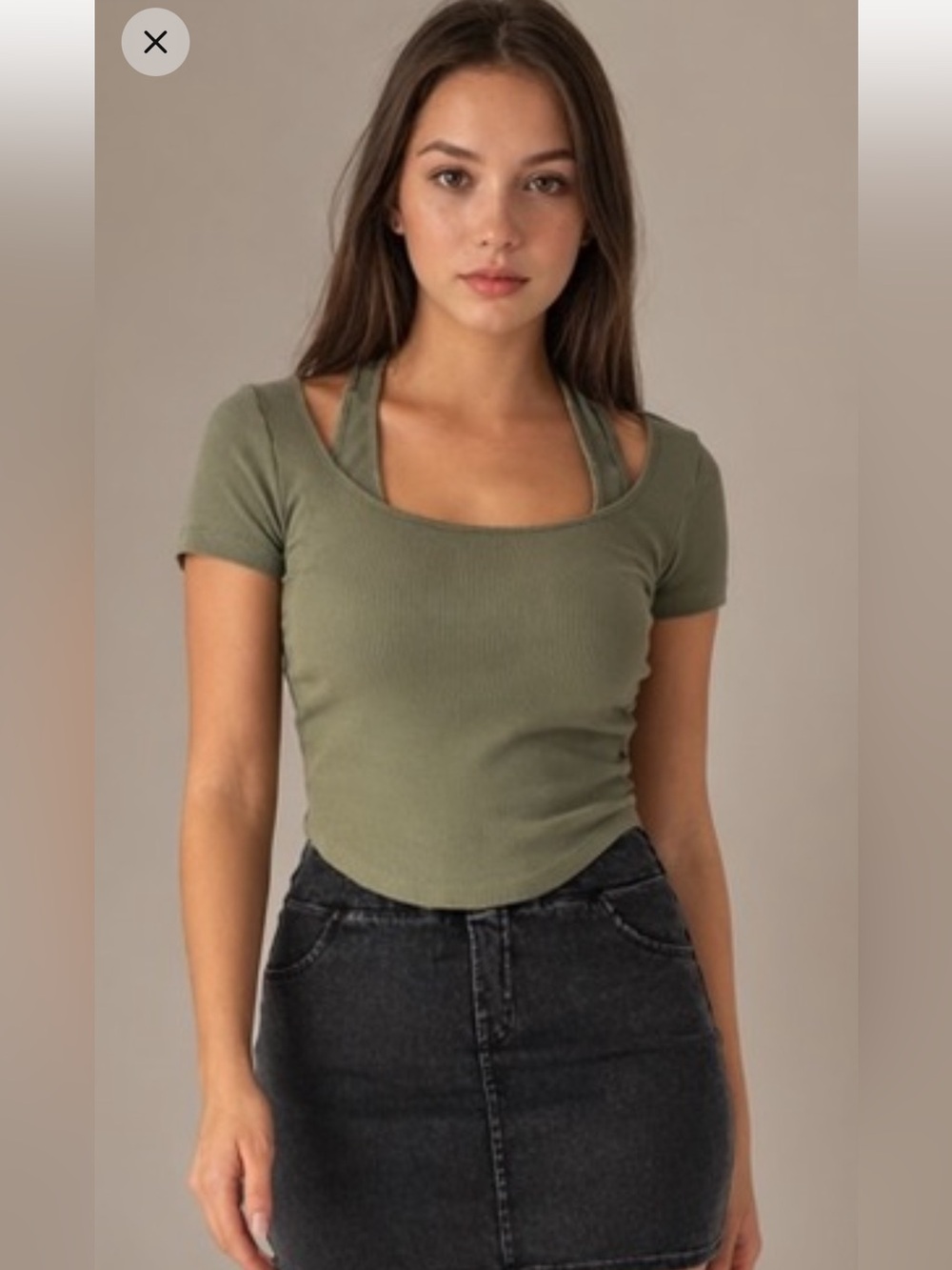 HALARA Olive Green Halter Short Sleeve Crop Top